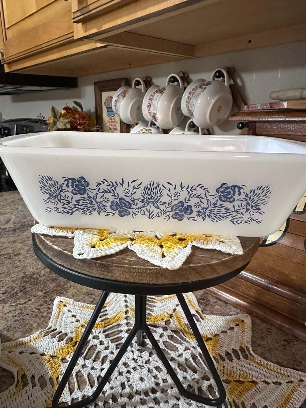 Glasbake Blue Floral Loaf Pan 522-Loaf White Milk Glass Ovenware